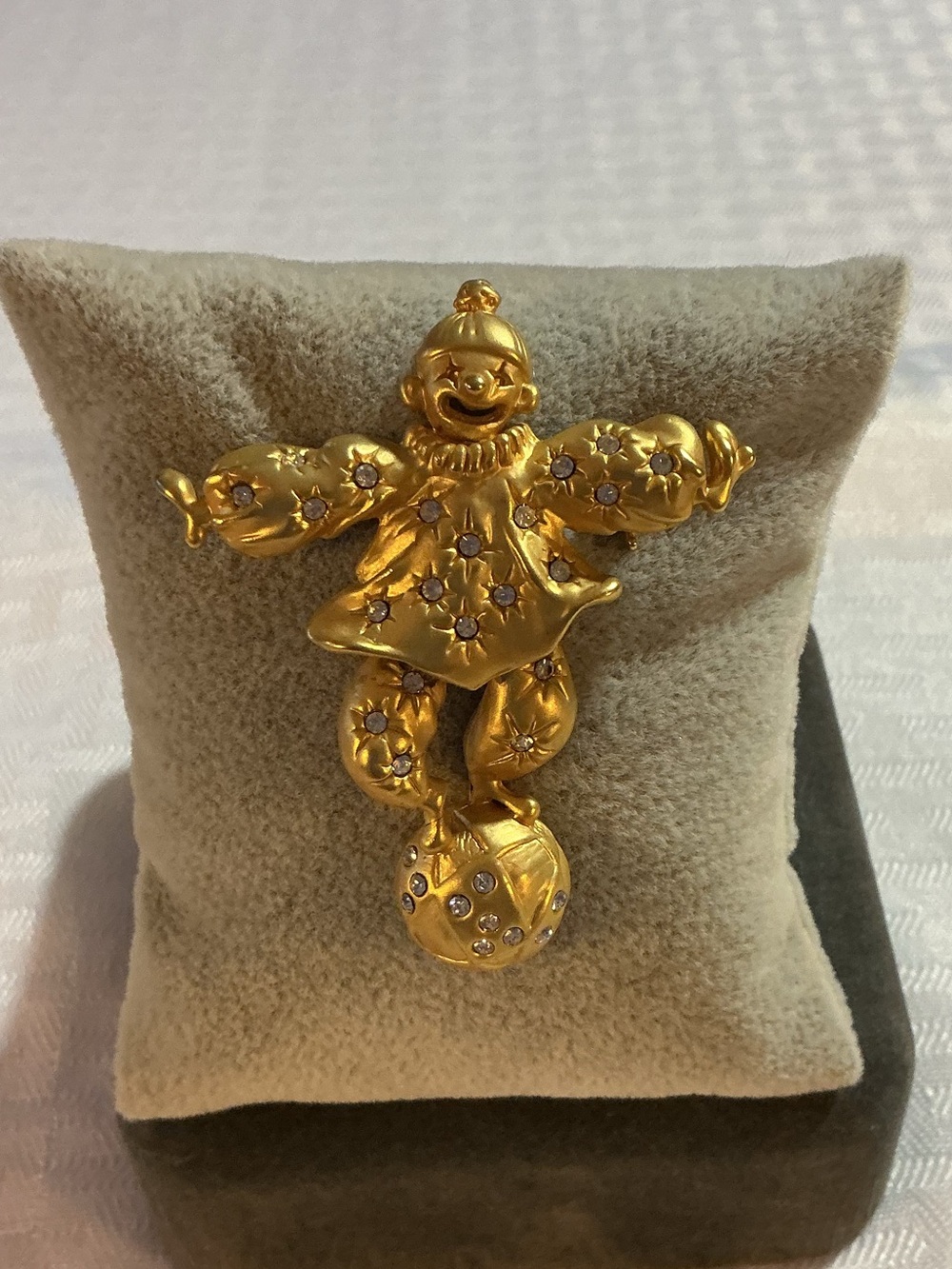 Clown on a Ball Articulated Balancing Rhinestone Gold Tone Brooch